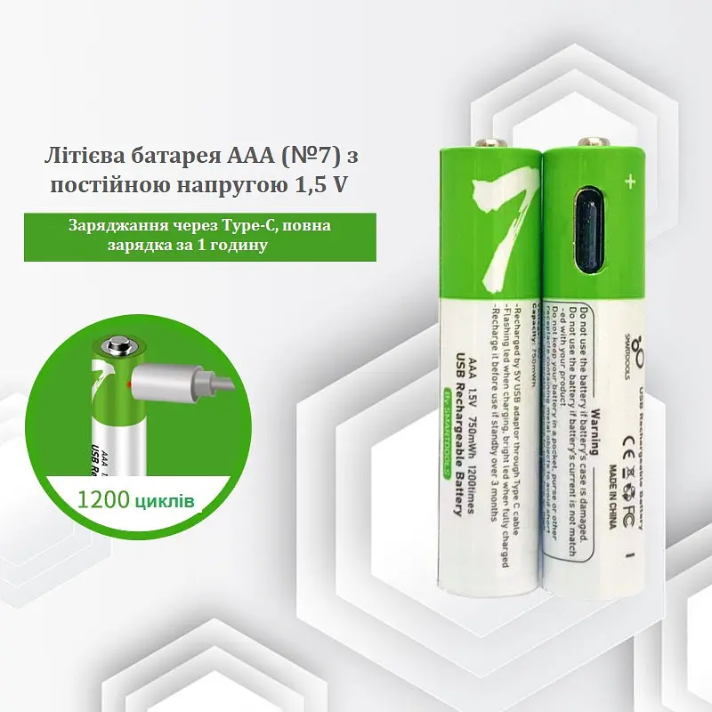 Акумулятори SMARTOOOLS AAA 1.5V Li-ion Type-C, 750 mWh, швидка зарядка 1 год, 2 шт + кабель - фото 7
