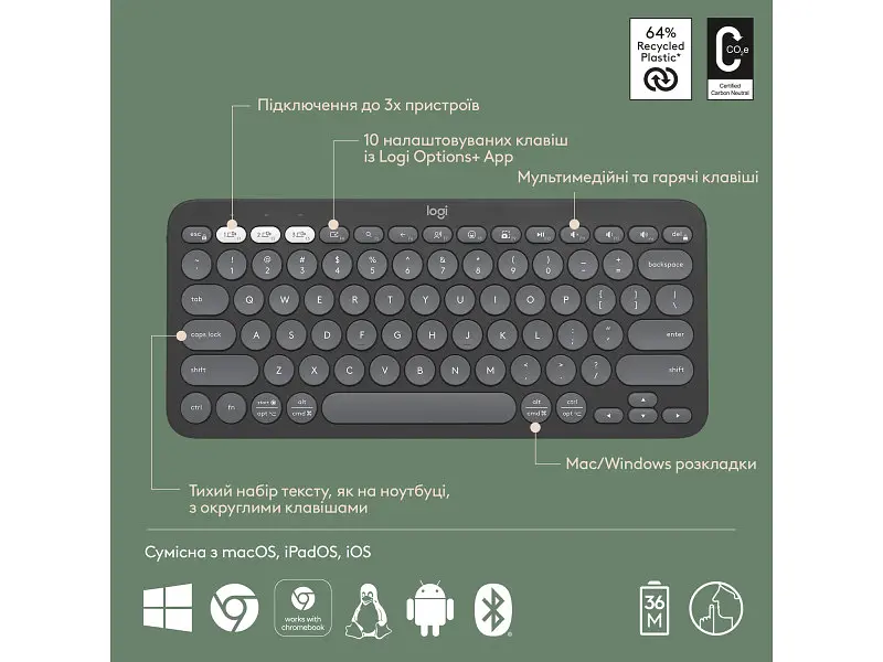 Клавіатура Logitech Pebble Keys 2 K380s Tonal Graphite UA (920-011851) - фото 7