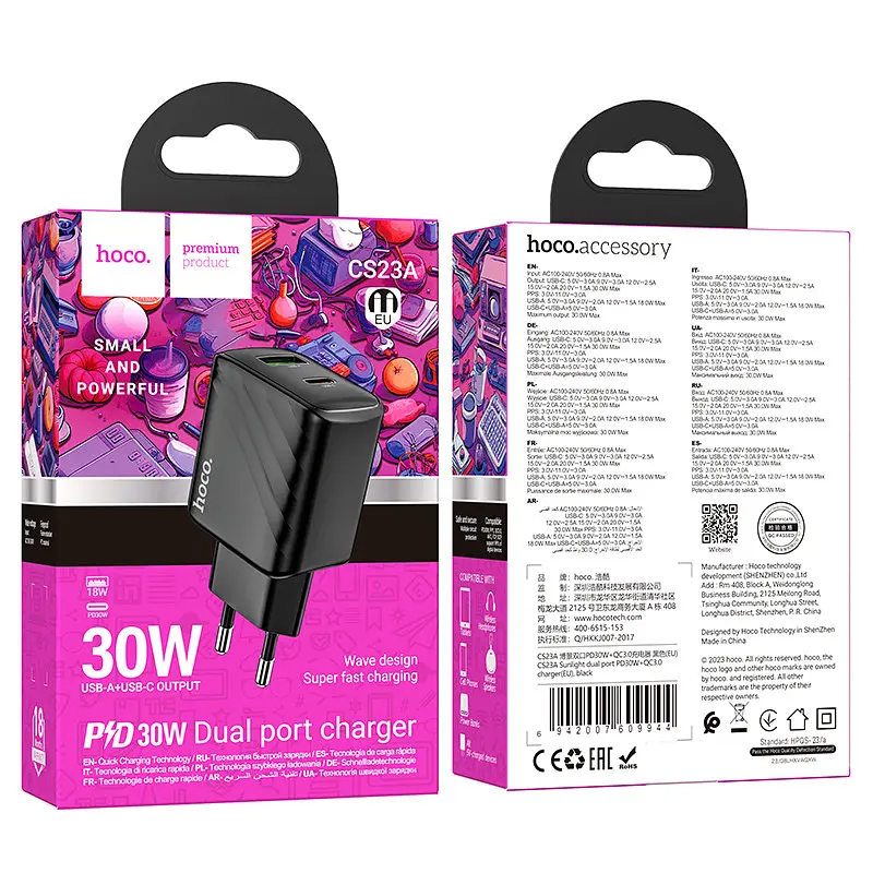 Мережевий зарядний пристрій HOCO CS23A Sunlight dual port PD30W+QC3. 0 charger чорний - фото 2