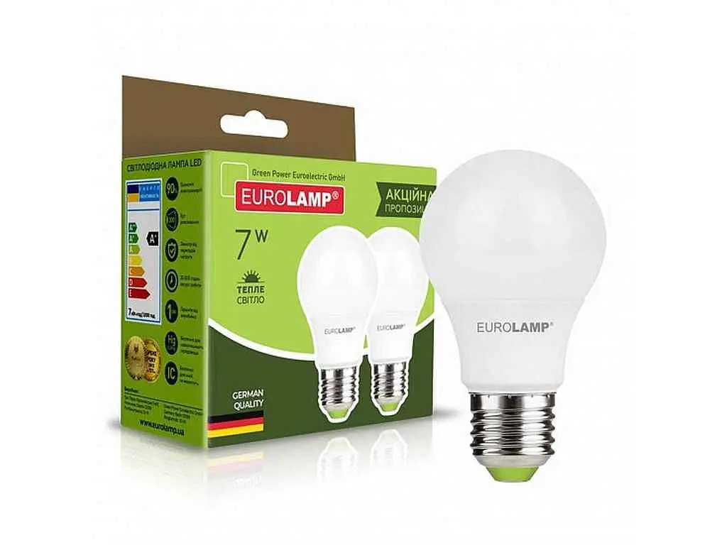 Лампа світлодіодна EUROLAMP 7W E27 3000K A60 серія "ЕКО" акція 1+1 (50) набір