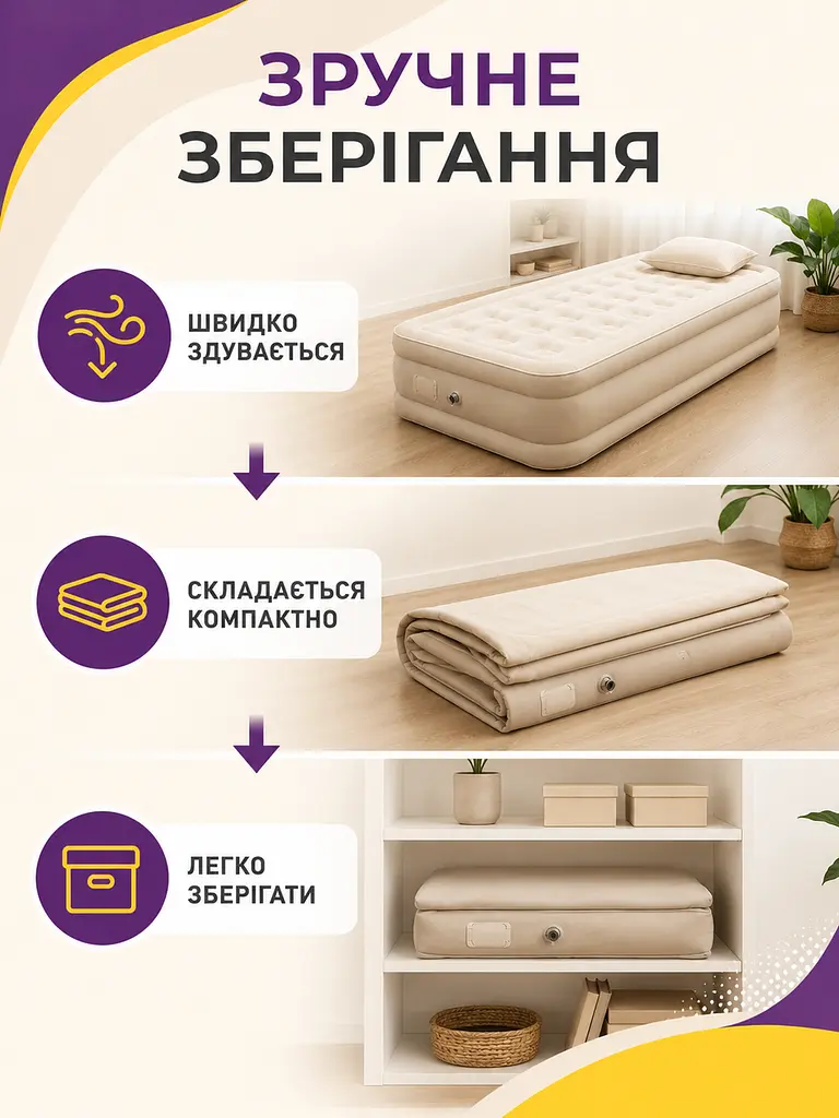 Надувне ліжко-матрац односпальне 190×100×40 см із вбудованим насосом до 300 кг і подушкою для дому та дачі (49676099) - фото 5