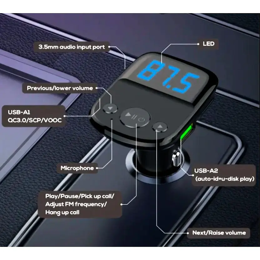 FM модулятор трансмітер блютуз LDNIO C706Q Bluetooth 2 USB чорний - фото 7