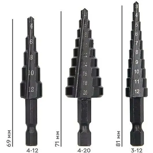 Набор ступенчатых конусных сверл Semi 3 шт. (3-12, 4-12, 4-20 мм) Black - фото 4