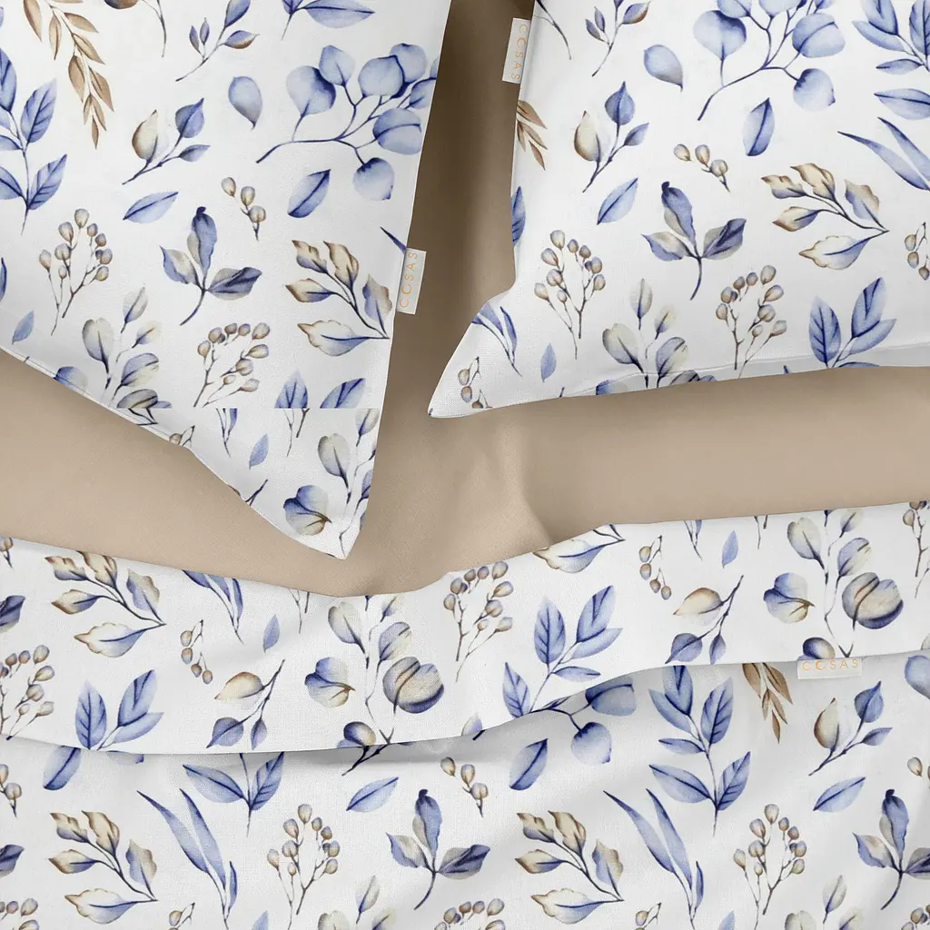 Комплект постільної білизни Cosas євро з простирадлом на резинці STEPPE FLOWERS CS1 200 x 220 см (FoliageBeigeBlue_El-12Magnolia_200) - фото 3