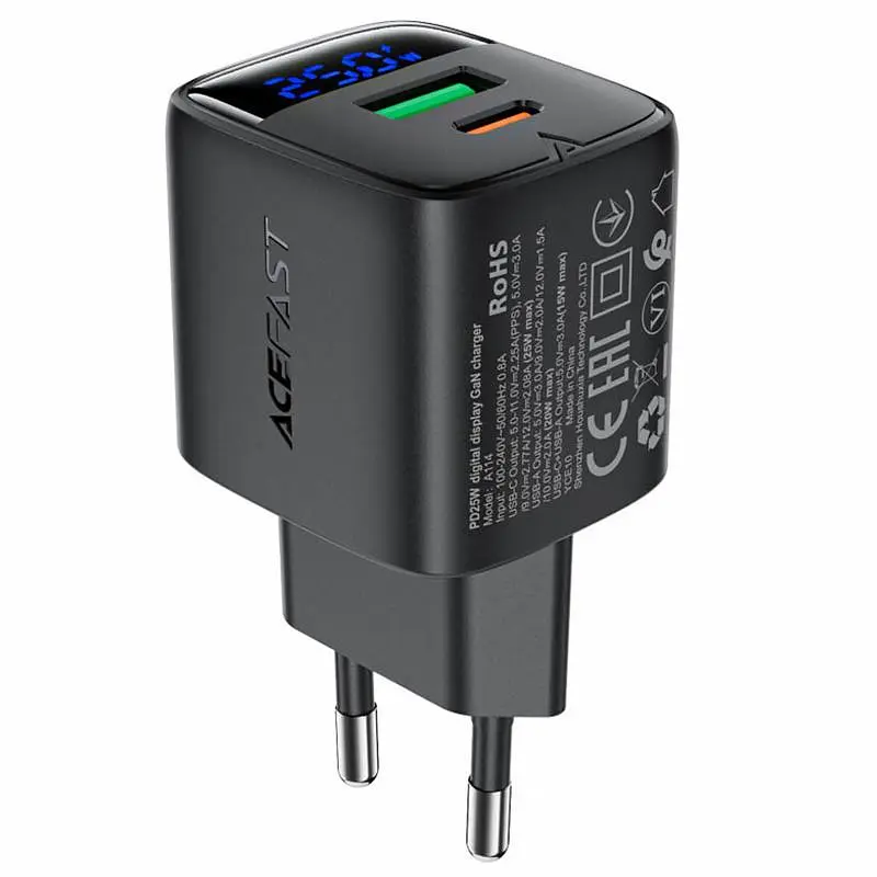 СЗУ Acefast A114 PD25W GaN (1USB-A/1C) Black - фото 4