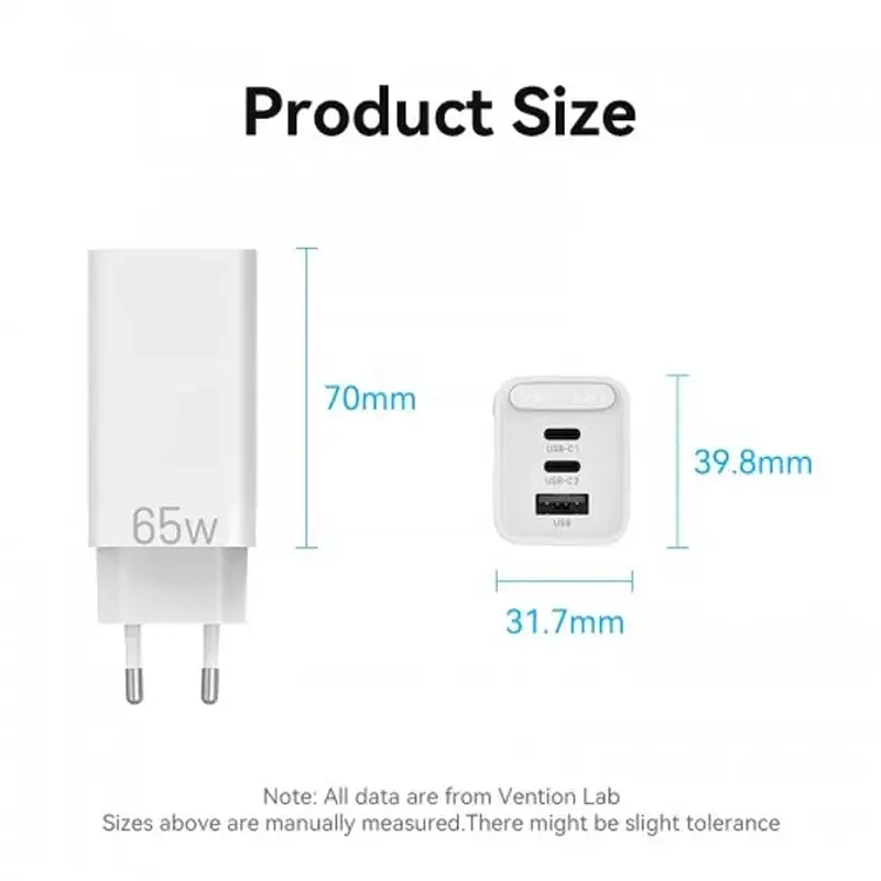 АЗП Vention 3-port USB(C+C+A) GaN Charger(65W/30W/30W) FEDW0-EU - фото 4