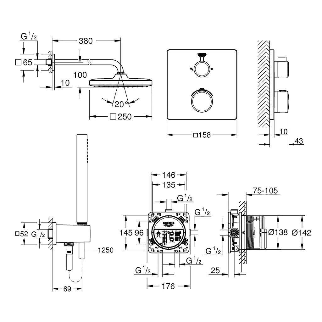Душова система прихованого монтажу Grohe Grohtherm Cube 26415SC0, Хром - фото 2