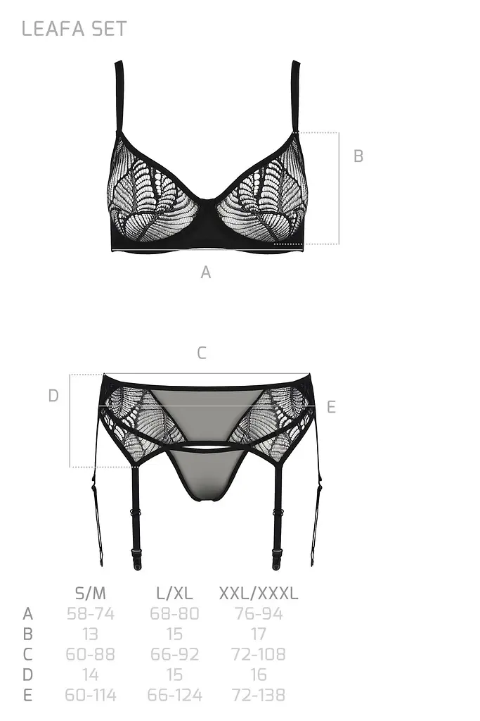 Комплект Passion LEAFA SET black, L/XL, мереживо+сітка, бюстгальтер на кісточках, стрінги, пояс для панчіх - фото 5