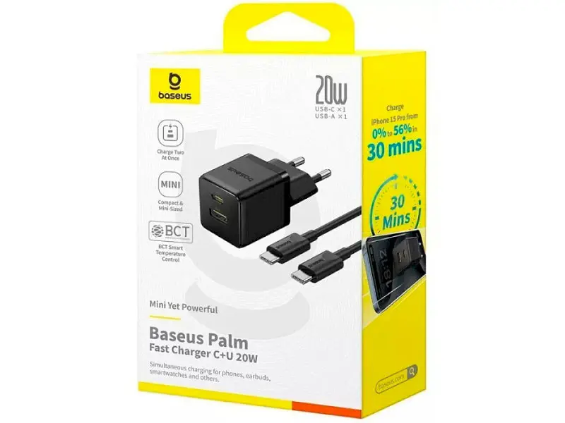 Мережевий зарядний пристрій BASEUS Palm Fast Charger 20 W Type-C to Type-C cable Black (P10111608113-01) - фото 3