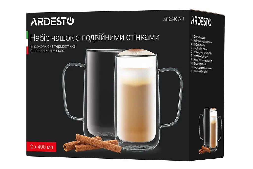 Набор чашек с ручками и двойными стенками , 400мл, 2шт, боросиликатное стекло, прозрачный ARDESTO kuh0014271 - фото 7