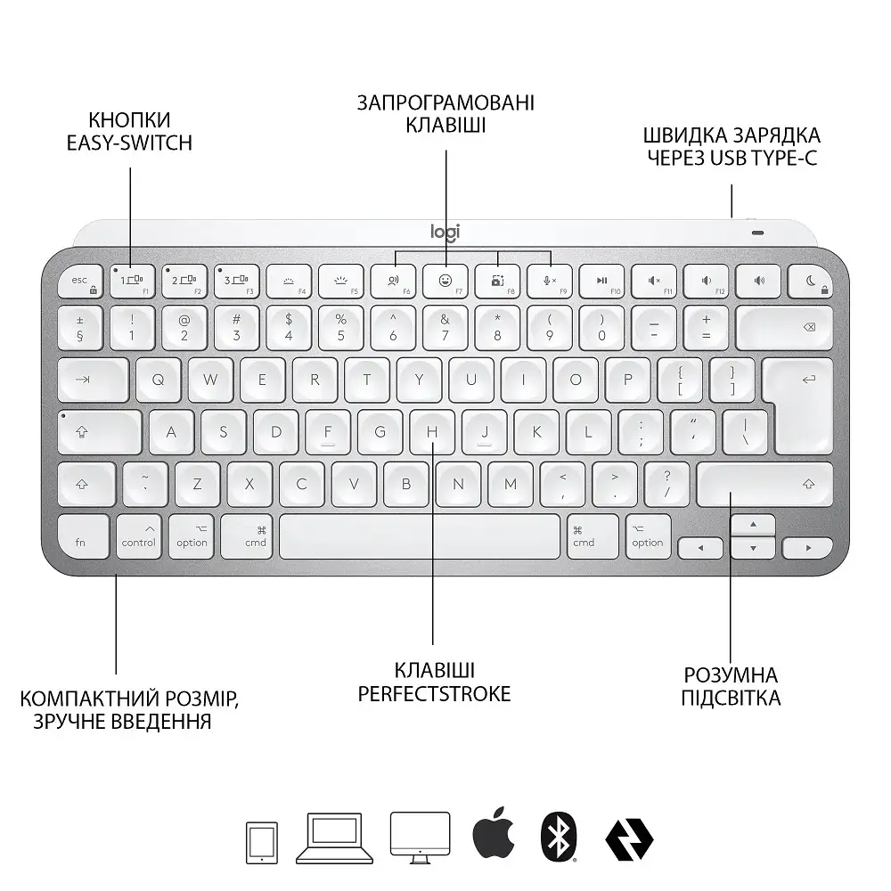 Клавиатура Logitech MX Keys Mini для Mac Wireless Illuminated Pale Grey (920-010526) - фото 5