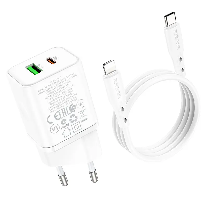 МЗП Borofone BN7 PD20W+QC3.0 (1USB-A/1C) + кабель Type-C to Lightning White - фото 5