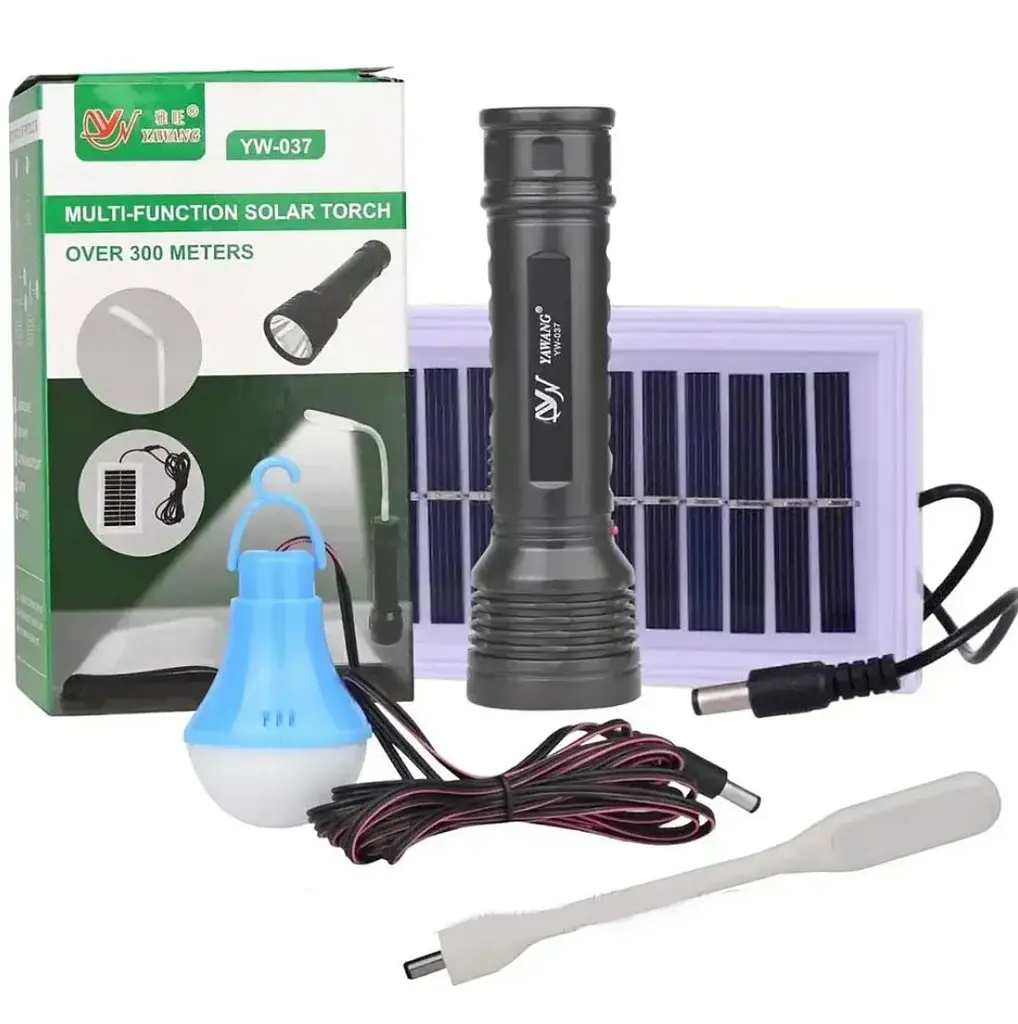 Портативный ручной аккумуляторный LED фонарь BL YW 037 с лампочкой и солнечной панелью