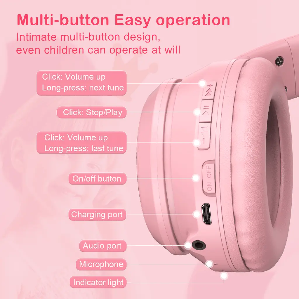 Накладные наушники Onikuma Bluetooth Gaming CAT with LED B90, 800mAh, BT5.0, AUX, 800mAh, 15h, pink - фото 2