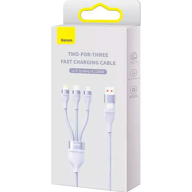 Кабель Baseus Flash Series Ⅱ 3-in-2 Cable USB+Type-C to MicroUSB+Lightning+Type-C 100W 1.2m CASS030105 Purple - фото 6
