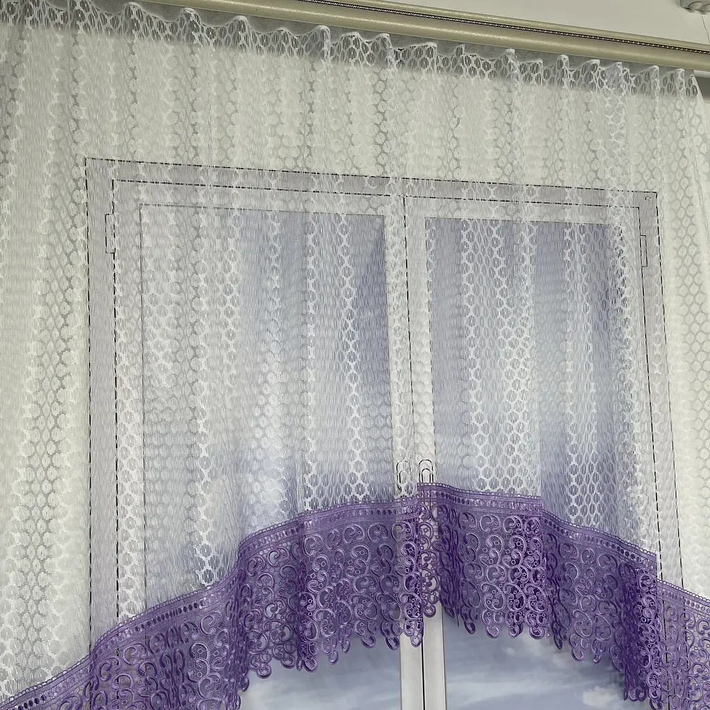 Тюль арка біла з фіолетовим макраме 1,7м на 3м на тасьмі ALBO pbe0052806 - фото 3