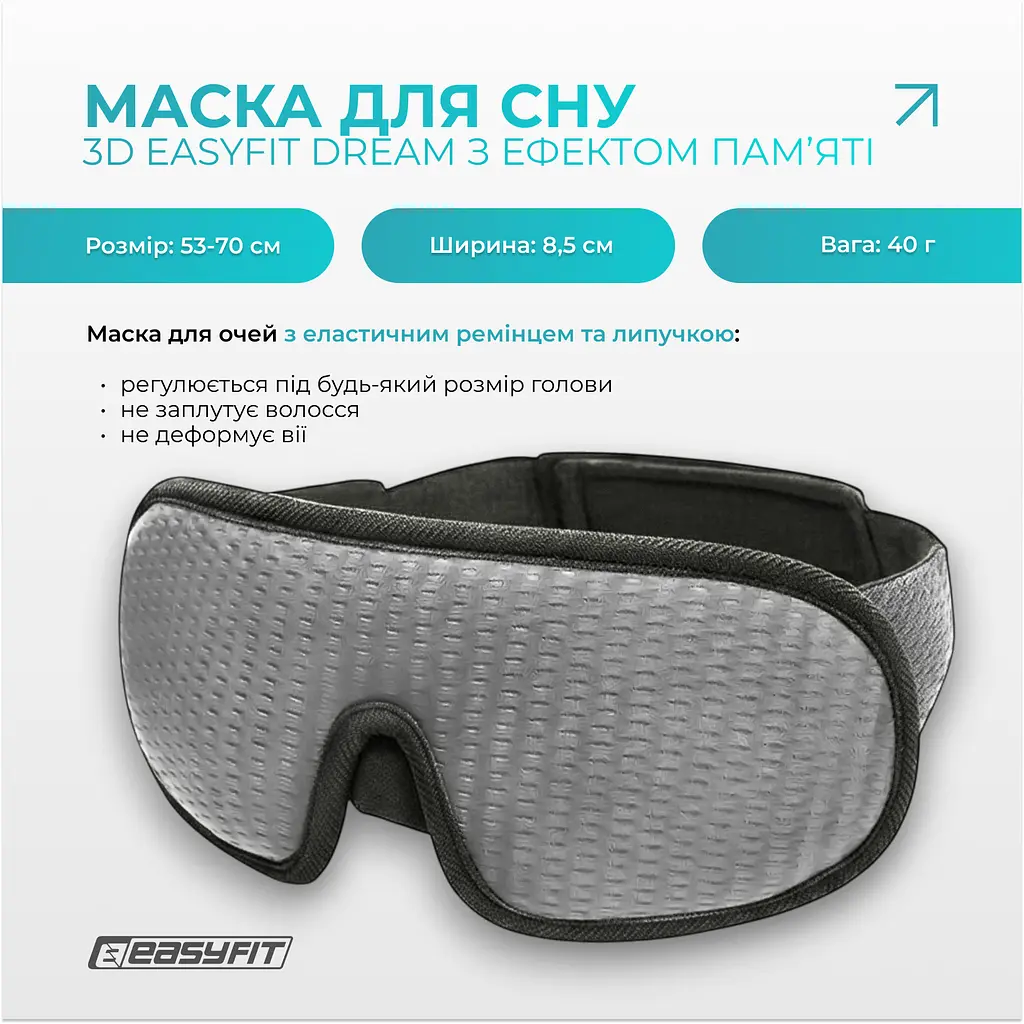 Маска для сну 3D EasyFit Dream з ефектом пам’яті (сіра) - фото 2