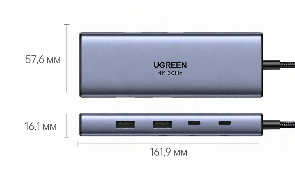 Док-станція USB-C UGREEN Revodok Pro CM498A 9-в-1 2 HDMI до 4K 60 Гц на двох моніторах потрібен USB-C з DisplayPort і достатньою пропускною здатністю Windows різні зображення macOS лише однакові 2 USB-C та 1 USB-A до 5 Гбіт/с і 1 USB-A до 480 Мбіт/с вхід USB-C PD 3.0 до 100 Вт наскрізне заряджання ноутбука до 85 Вт потрібні окремі блок живлення й кабель до входу PD SD/microSD до 170 МБ/с вбудований кабель близько 40 см сіро-чорна (85774) - фото 7