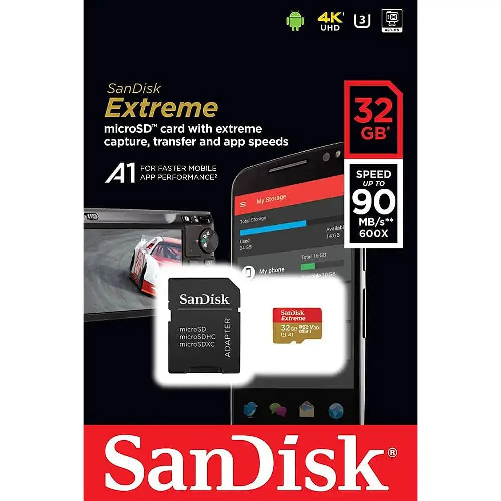 Карта памяти Sandisk microSDHC (UHS-1 U3) Extreme Action A1 32Gb class 10 V30 (R100MB/s, 667x) (adapter SD) (SDSQXAF-032G-GN6MA) - фото 3