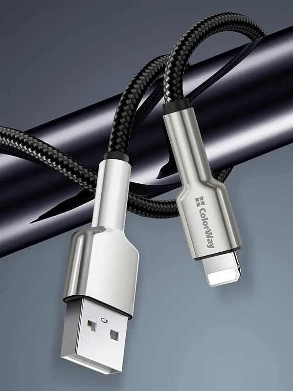 Кабель ColorWay USB - Lightning (M/M), metal head, 2.4 А, 1 м, Black (CW-CBUL046-BK) - фото 3