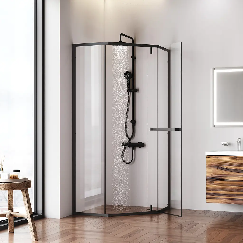 Душове огородження 5-corner Pivot AM.PM Gem 90×90 см, без піддону, чорний матовий профіль W90UG-405-9090-BT - фото 3