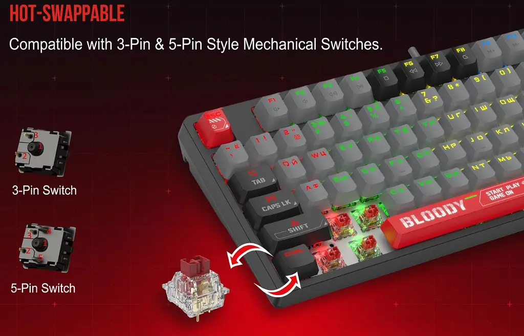 Клавіатура ігрова механічна A4Tech S-87 Bloody Black, BLMS Red Plus Switch, Eng/Rus/Укр - фото 11