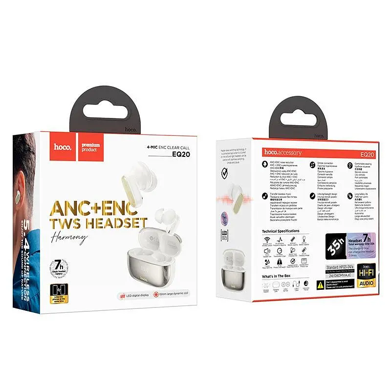 Беспроводные наушники Hoco EQ20 Rhyme true wireless ANC+ENC noise reduction BT headset, BT5.4, 40mAh, 400mAh, 6-7h, Milky white - фото 3