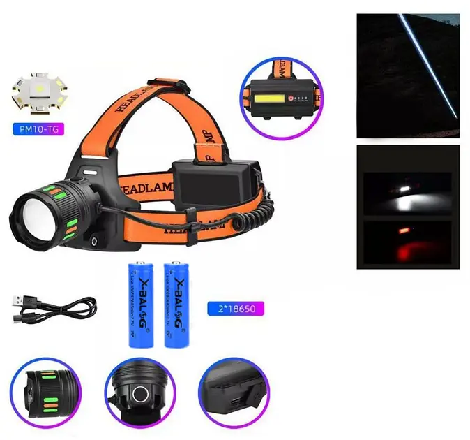 Налобний ліхтар з білим та червоним світлом XPRO NIGHT VISION FLUORESCENCE BL-T203-TG, 2x18650, зарядка USB Type-C, водонепроникний корпус, регульований зум (47142-203_214) - фото 6