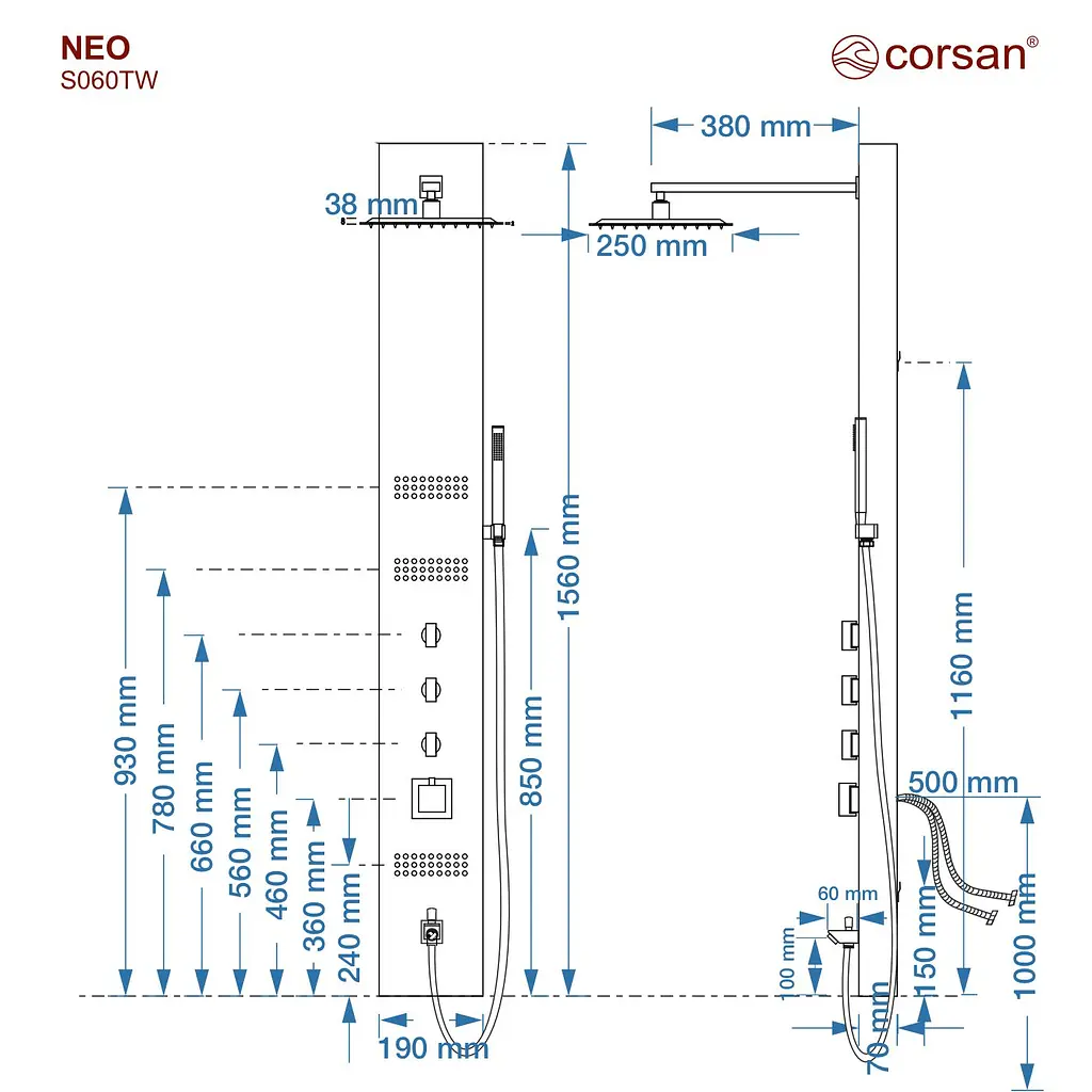 Душова панель Corsan Neo black з виливом та термостатом S060TBLW, Чорний матовий - фото 5