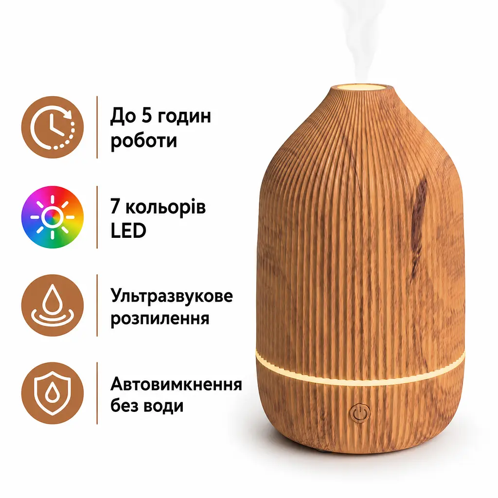 Аромадифузор ультразвуковий SALUBRITO 100 мл з LED підсвіткою з ефектом дерева (SKU-124) - фото 2