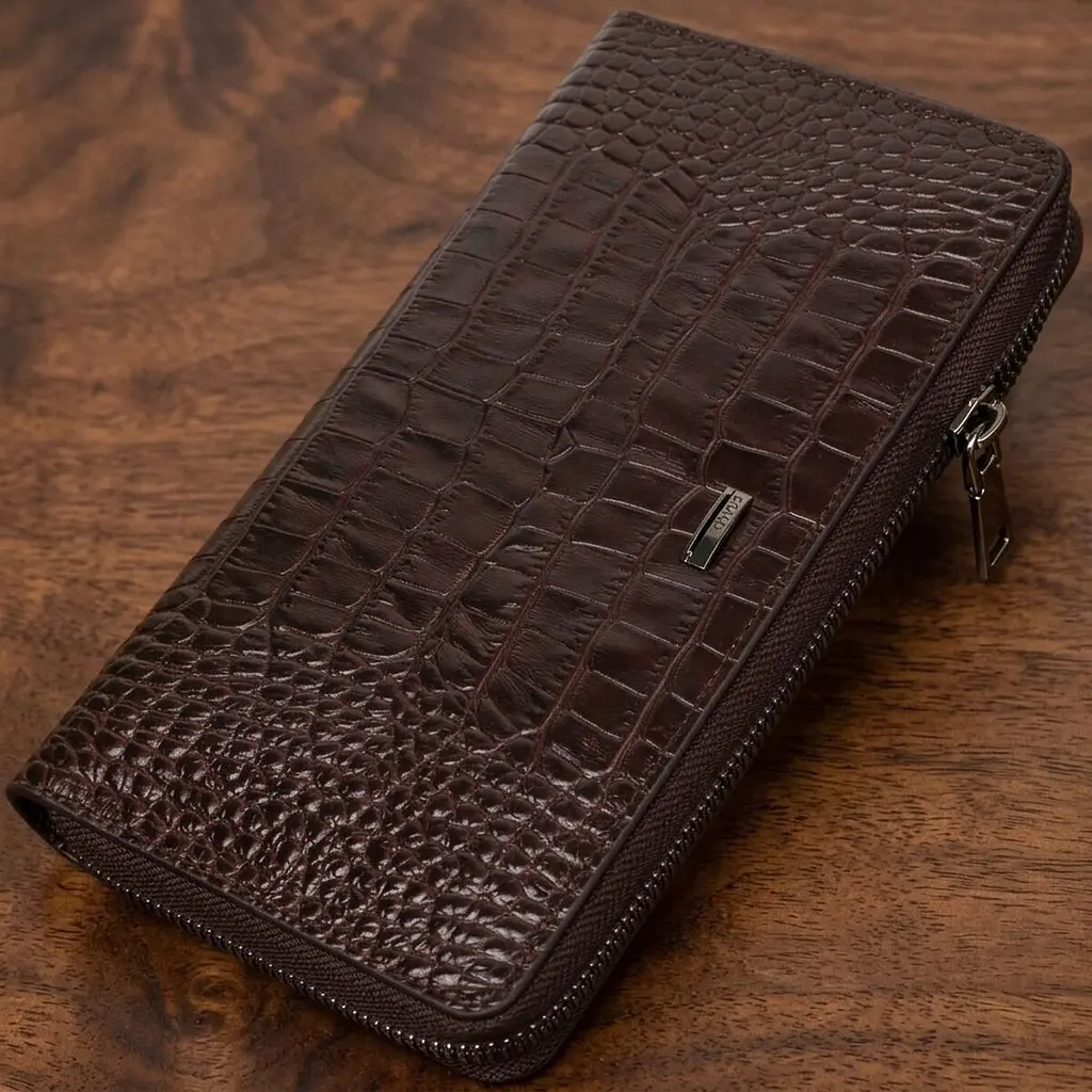 Великий чоловічий клатч з одним відділенням з натуральної шкіри з тисненням під крокодила BOND 22028 коричневий - фото 11