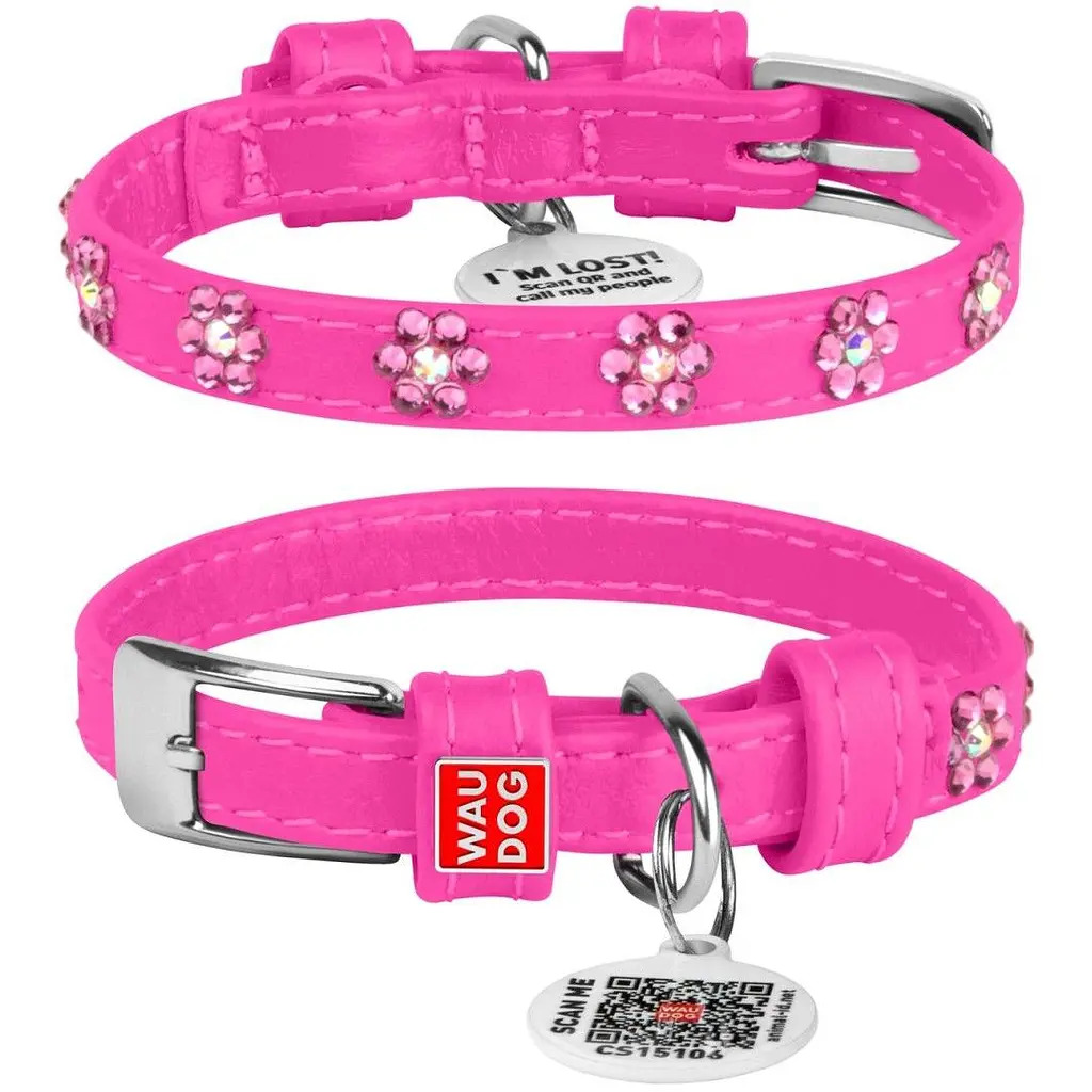 Нашийник для собак Waudog Glamour зі стразами Квіточка, шкіряний, з QR паспортом, S, 21-29х1,2 см, рожевий - фото 3