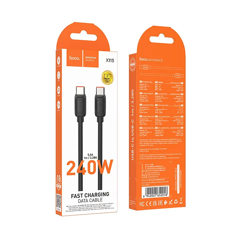 Кабель Hoco X115 Surpass 240W fast charging data cable Type-C to Type-C Черный - фото 2