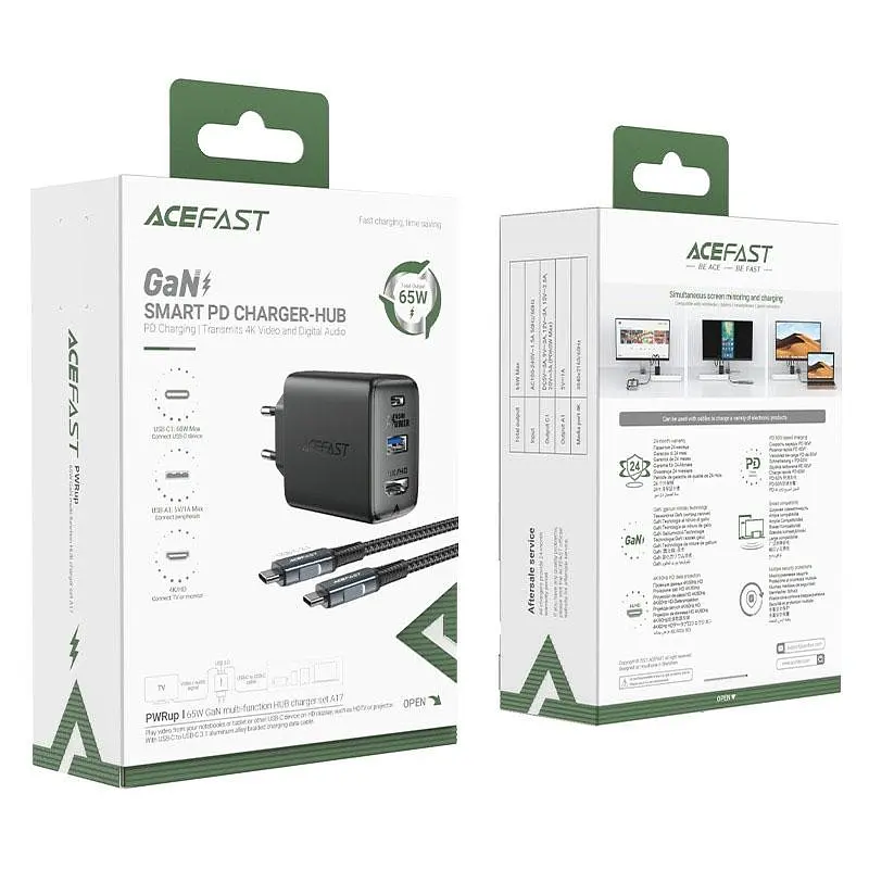 МЗП A17 PD65W GaN (1USB-A/1C/1HDMI) + кабель Type-C to Type-C Black Acefast teh0029674 - фото 5