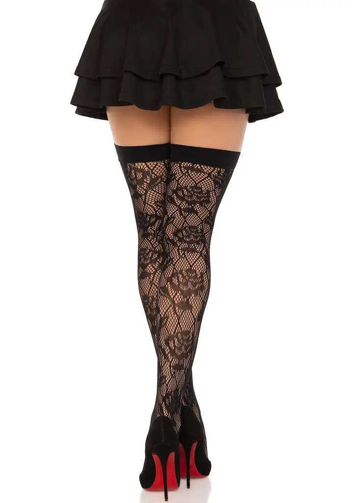 Панчохи Leg Avenue Wild rose net thigh highs, One Size, чорні, широка резинка, малюнок-троянди - фото 2