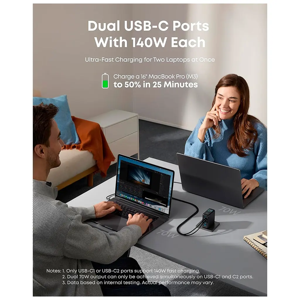Зарядний пристрій Anker для ноутбука GaN 140 Вт 3xUSB-C PD 3.1 + USB-A + дисплей + кабель чорний (B2697GZ1) - фото 4