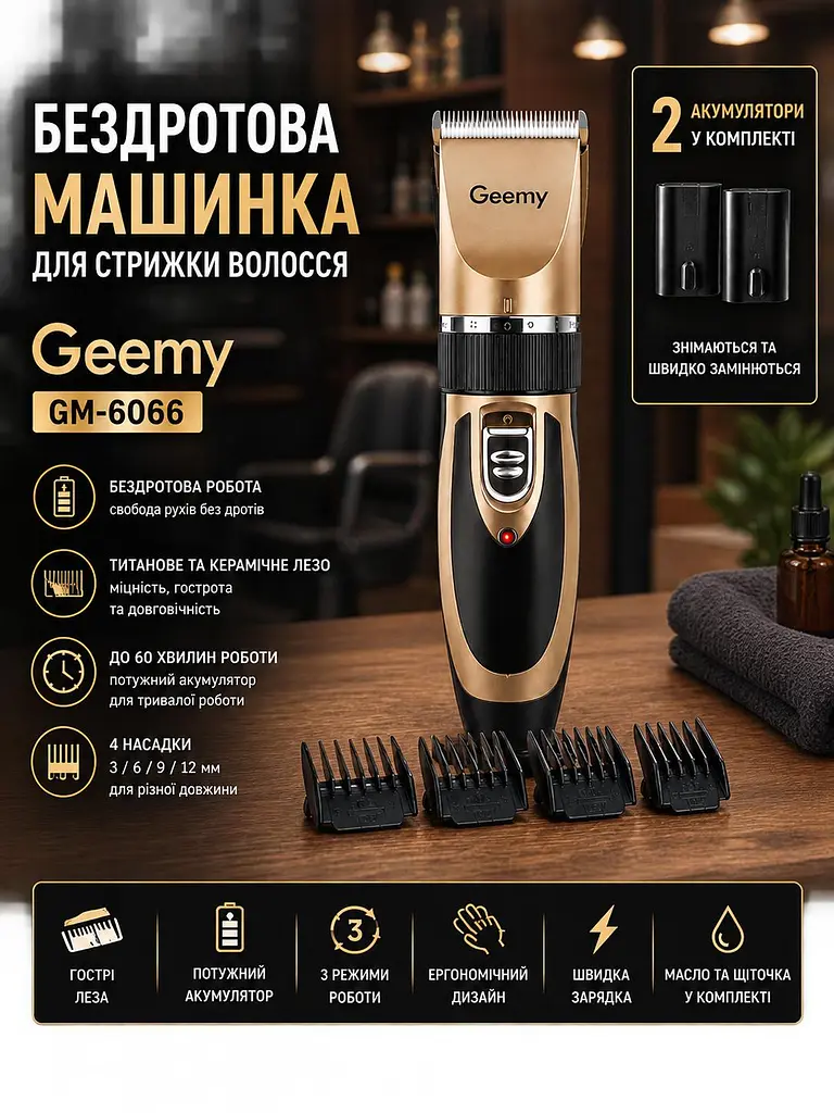 Акумуляторна машинка для стрижки волосся із 4 насадками Geemy GM-6066 Бездротова машинка для голови із 2 змінними акумуляторами 4 насадки 3/6/9/12 мм Чорний із золотистим - фото 5