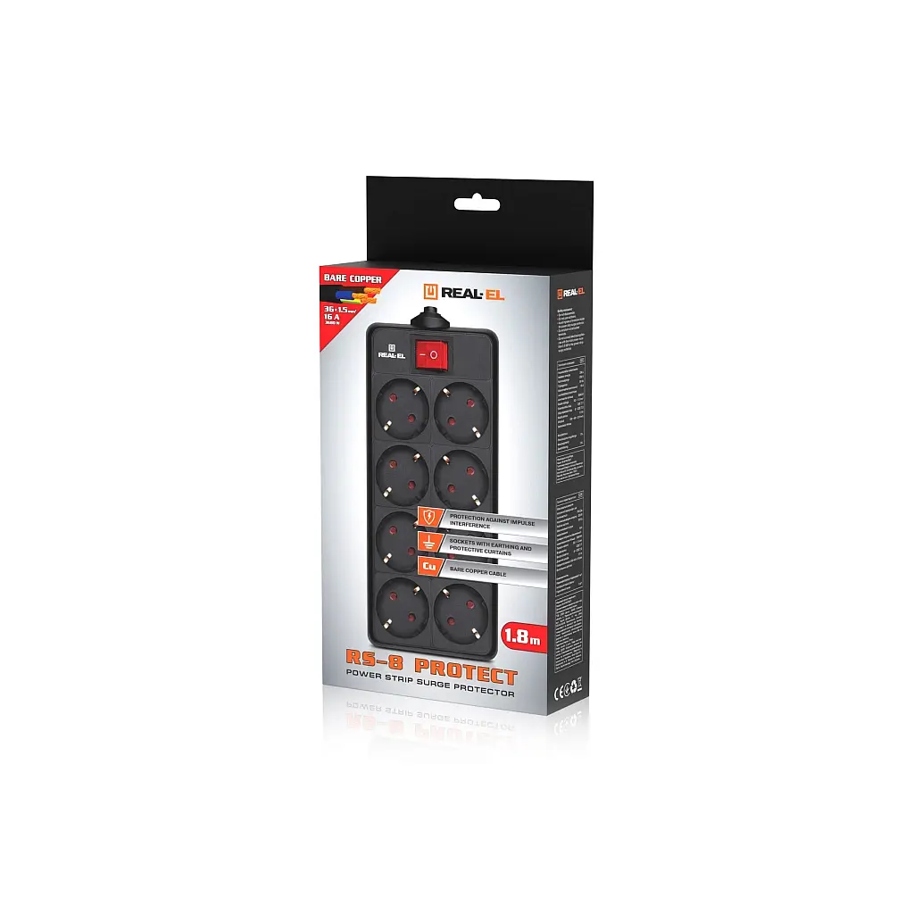Мережевий фільтр живлення REAL-EL RS-8 Protect 5m, black (EL122300024) - фото 7