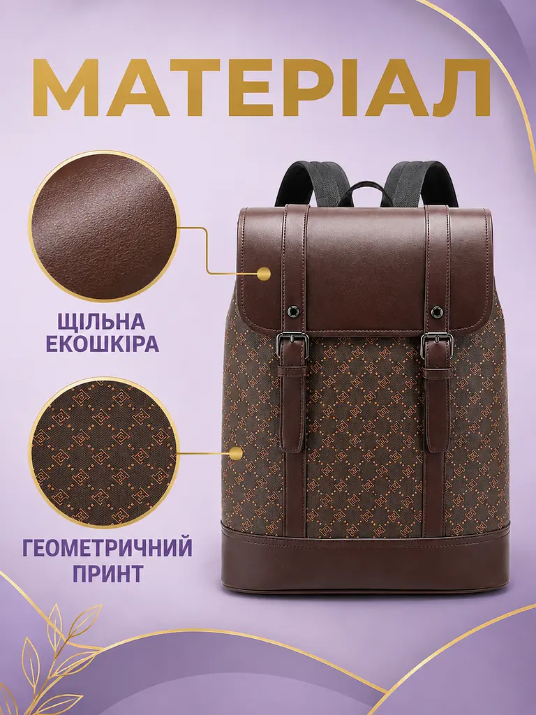 Жіночий рюкзак з екошкіри 29×43×13 см для ноутбука та формату А4, з кишенею-антизлодій, коричневий (49676371) - фото 4