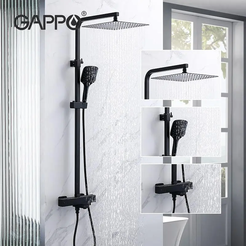 Душова система Gappo G2417-60 термостат, вилив - перемикач на лійку, чорний, Чорний матовий - фото 3
