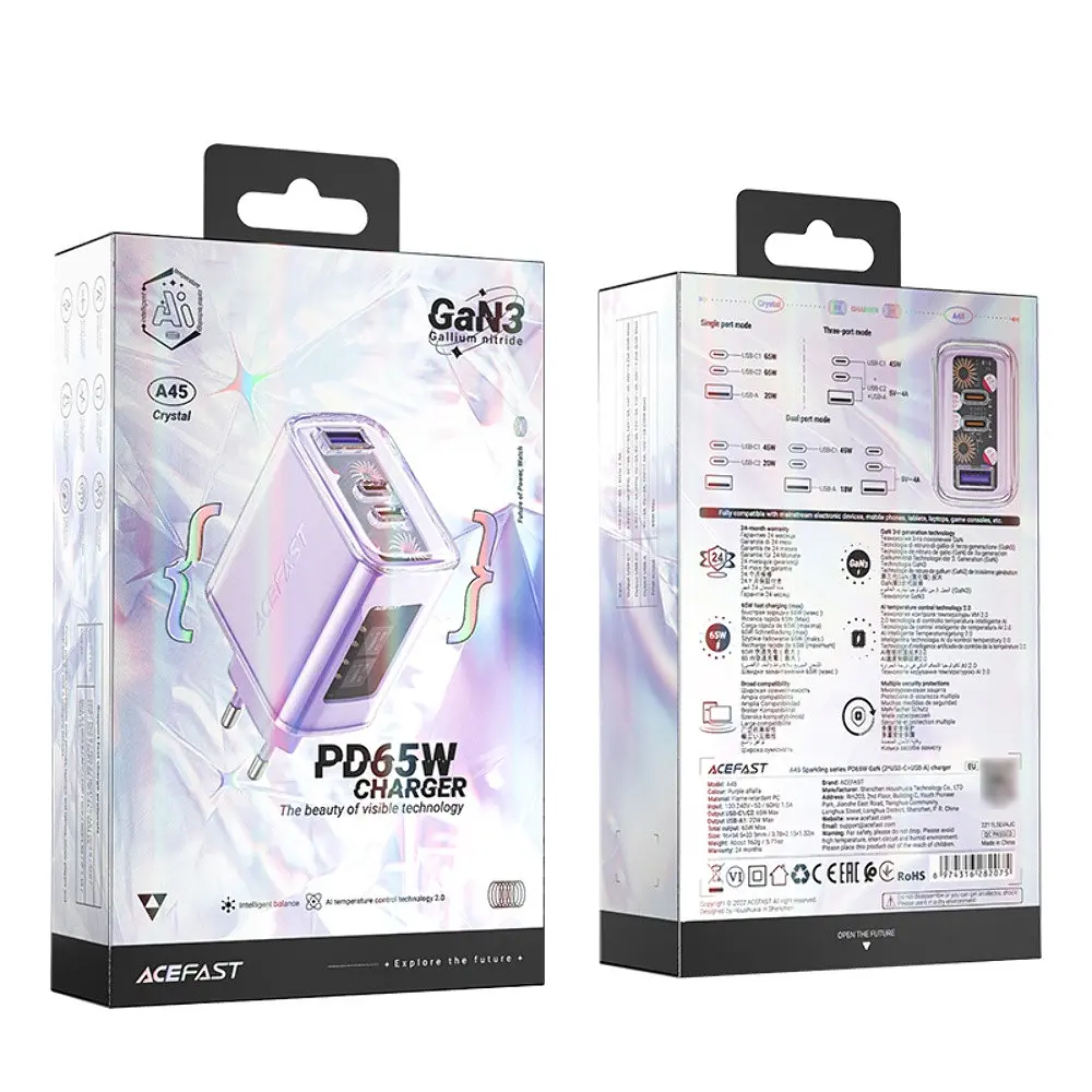 Сетевое зарядное устройство для Acefast A45 USB/2 Type-C QC PD PD65W GaN фиолетовый - фото 7