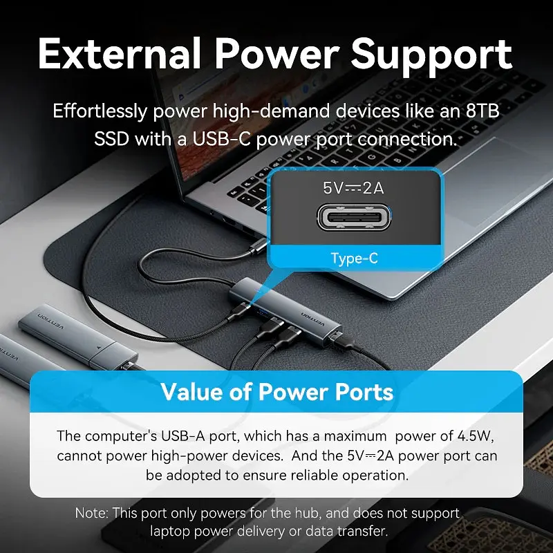 Хаб USB 3.0 Type-C -> 4xUSB 3.0/1xUSB-C, 5Gbps, Чорний Vention - фото 8