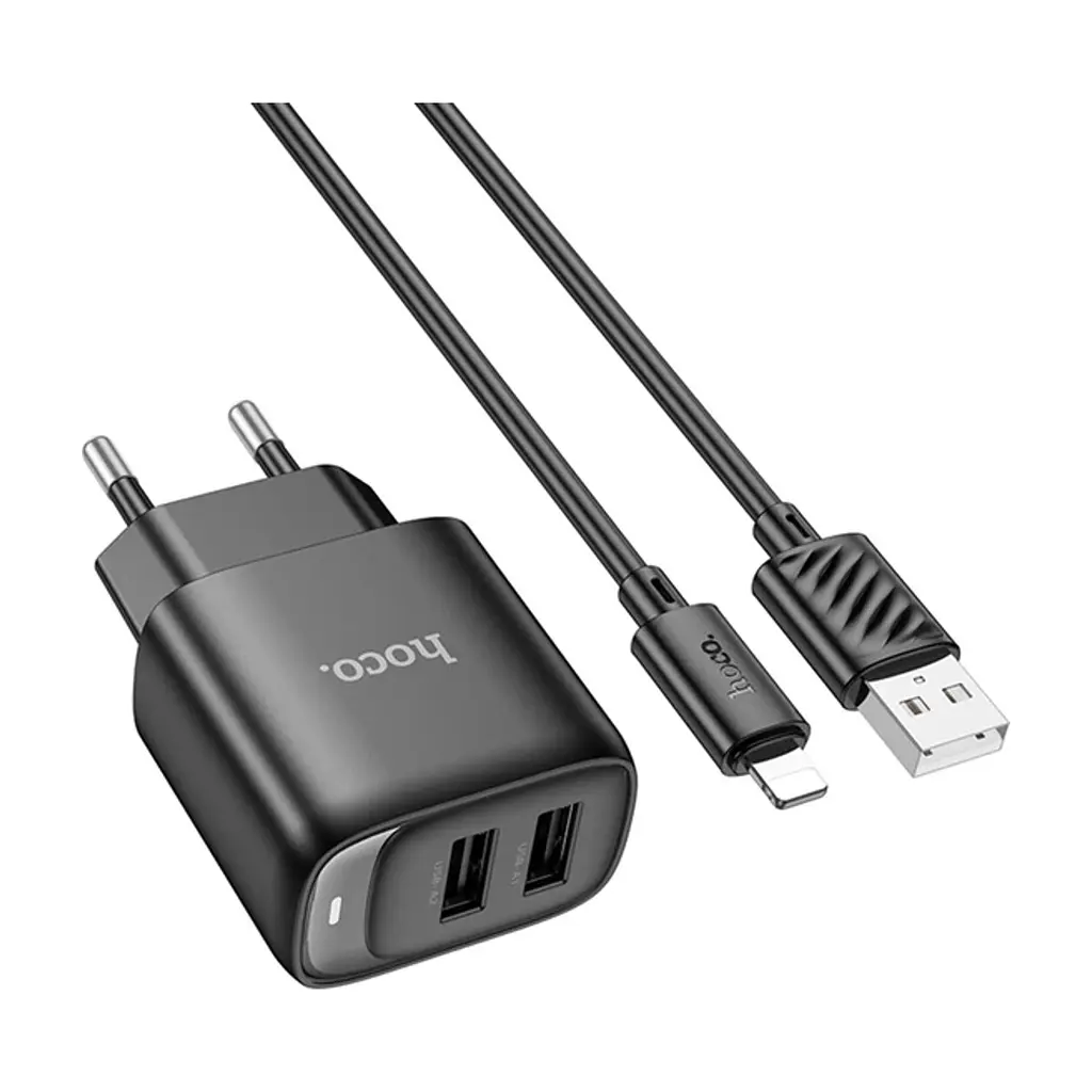 Зарядний пристрій HOCO C141A 2xUSB + cable USB to Lightning black (6942007627863) - фото 2