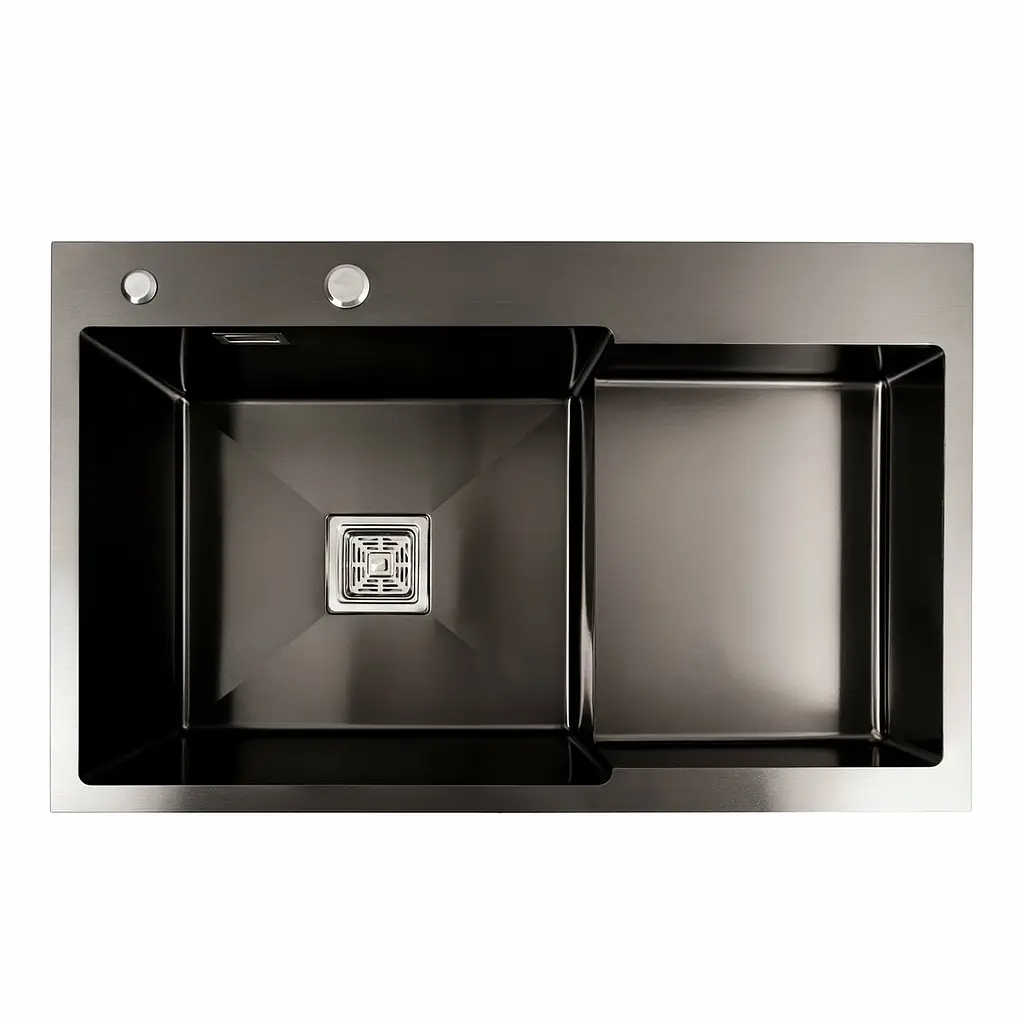 Кухонная мойка 78x50С L PVD черная Platinum Handmade (углубленная полка, 3.0/1.0 мм), Черный - фото 3