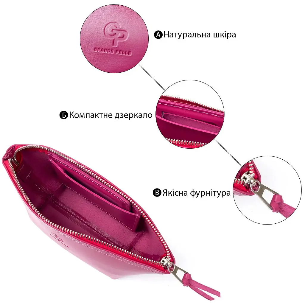 Жіноча косметичка зі шкіри Amelin Grande Pelle 11301 фуксія - фото 5