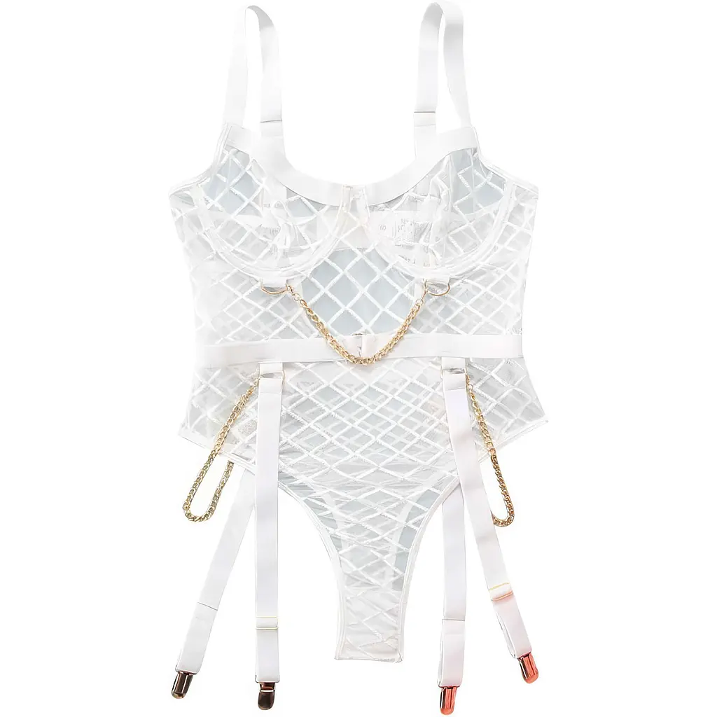 Боді еротичне сітчасте з квітковим принтом з підтяжками поліестер-спандекс M/L Біле - фото 2