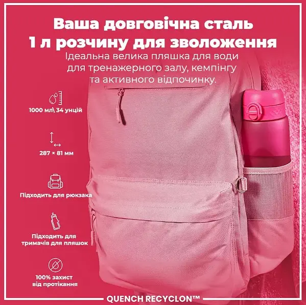 Бутылка для воды ION8 1000 мл (ЭКО бутылка) BPA Free Pink (I8RF1000PIN) - фото 5