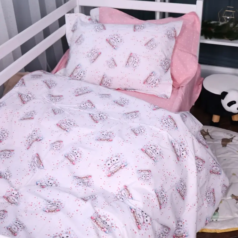 Простирадло на гумці MirSon Poplin Line Kids 04 Cats 150х190 см рожеве (2200009714481) - фото 3