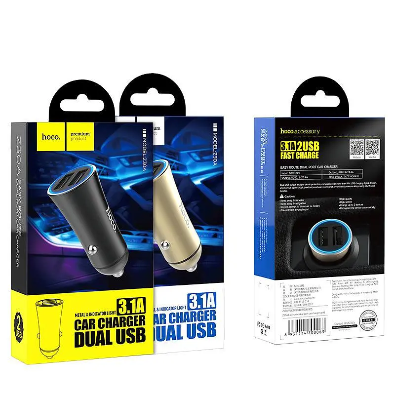 Автомобильное зарядное устройство Hoco Z30a Easy Route 2USB металлический с индикатором черный - фото 3