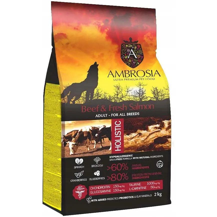 Уцінка. Сухий корм Ambrosia Grain Free для дорослих собак усіх порід з яловичиною та свіжим лососем 2 кг 27.11.26